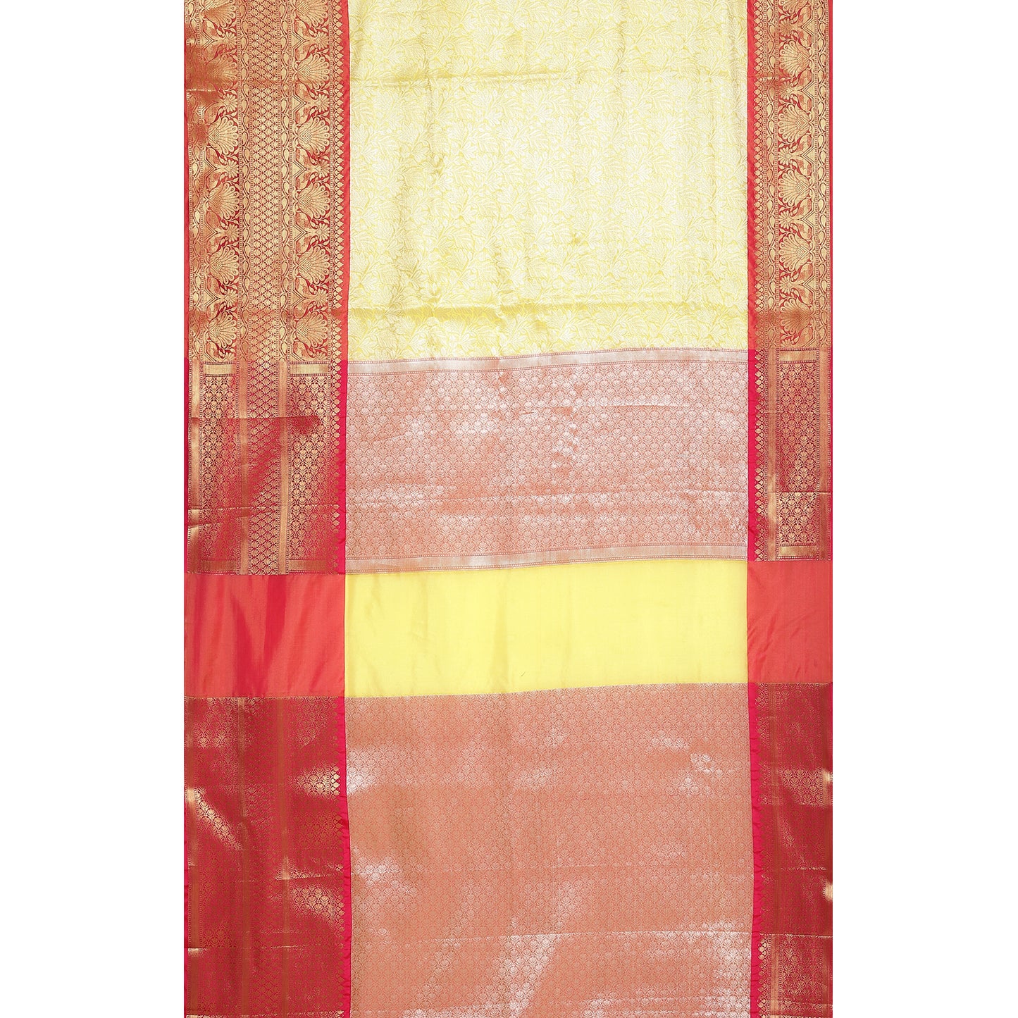 Faishana Presents Presents Yellow Kanchi Silk Zari Brocade Contrast Zari Brocade Strawberry Pattu Border Banarasi Saree.