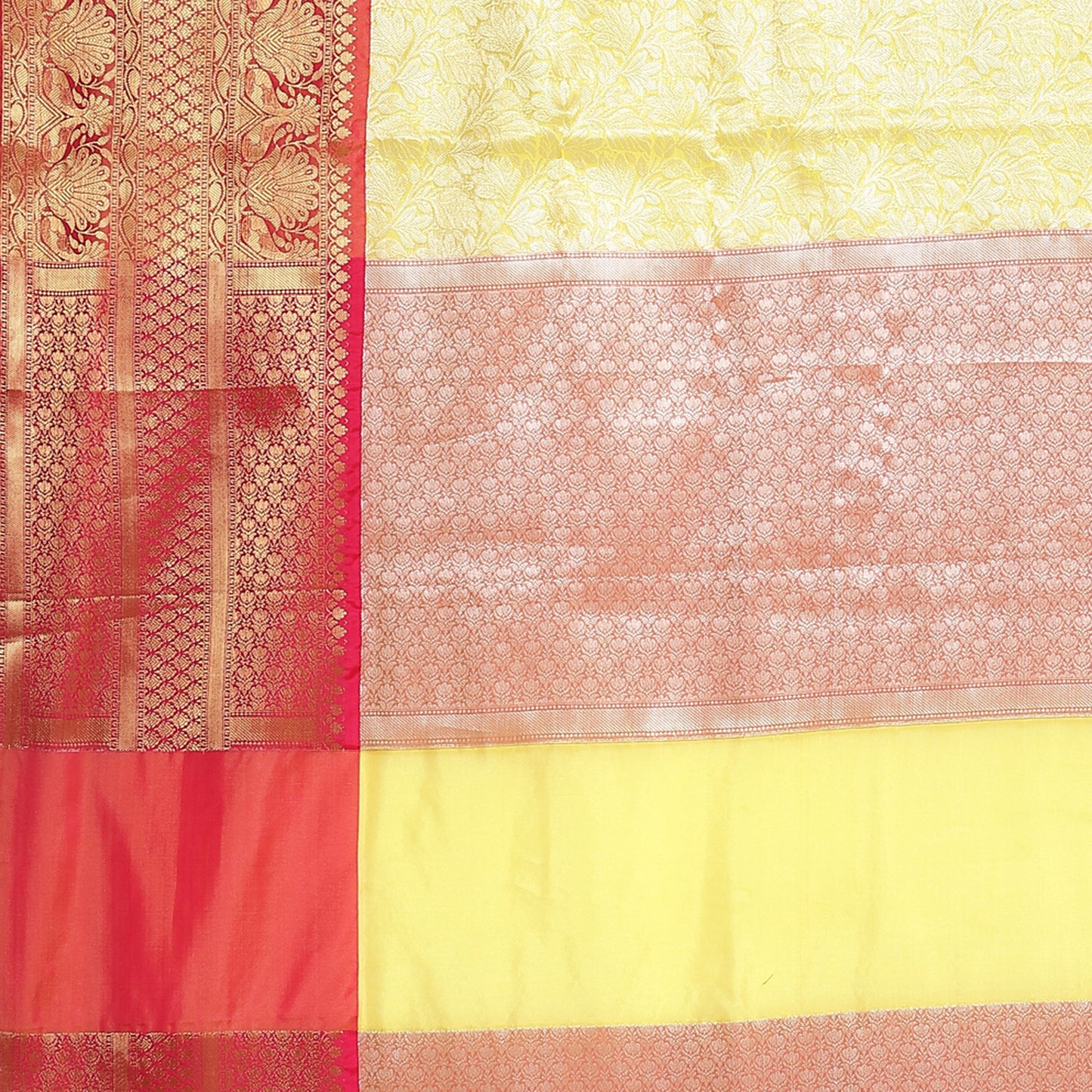 Faishana Presents Presents Yellow Kanchi Silk Zari Brocade Contrast Zari Brocade Strawberry Pattu Border Banarasi Saree.
