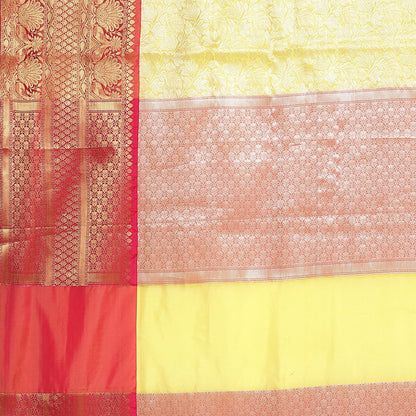Faishana Presents Presents Yellow Kanchi Silk Zari Brocade Contrast Zari Brocade Strawberry Pattu Border Banarasi Saree.