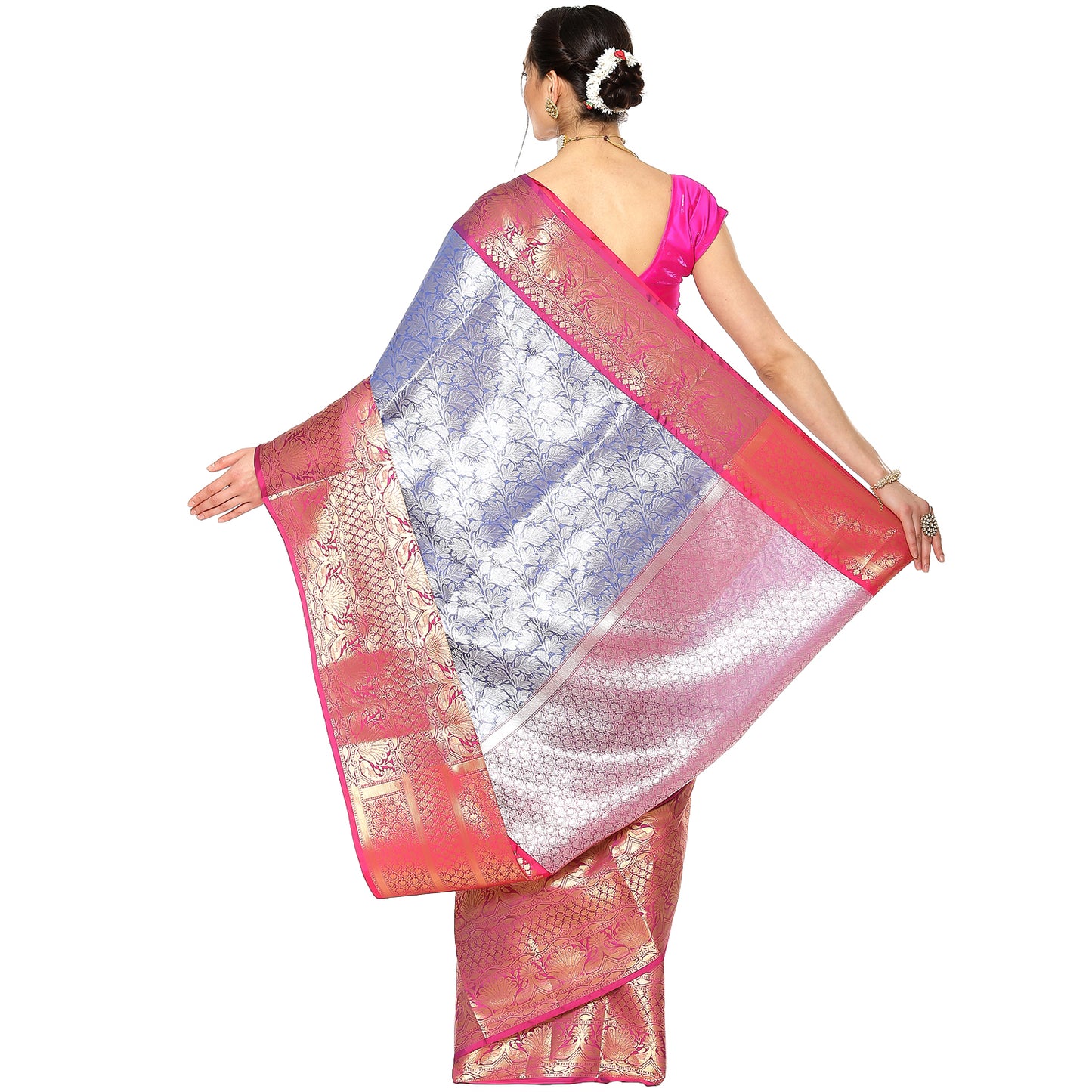 Faishana Presents Presents Blue Kanchi Silk Zari Brocade Contrast Zari Brocade Magenta Pattu Border Banarasi Saree.
