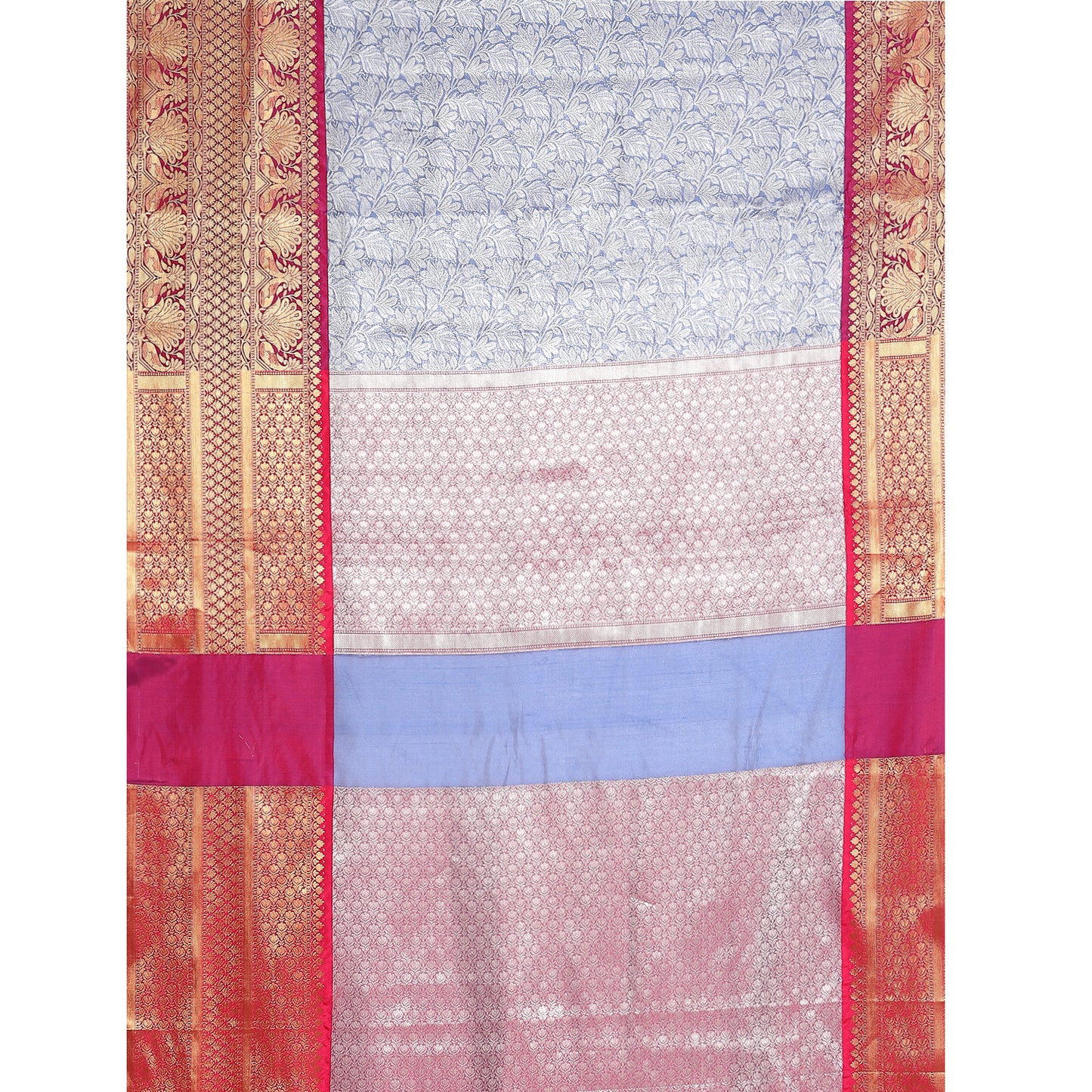 Faishana Presents Presents Blue Kanchi Silk Zari Brocade Contrast Zari Brocade Magenta Pattu Border Banarasi Saree.