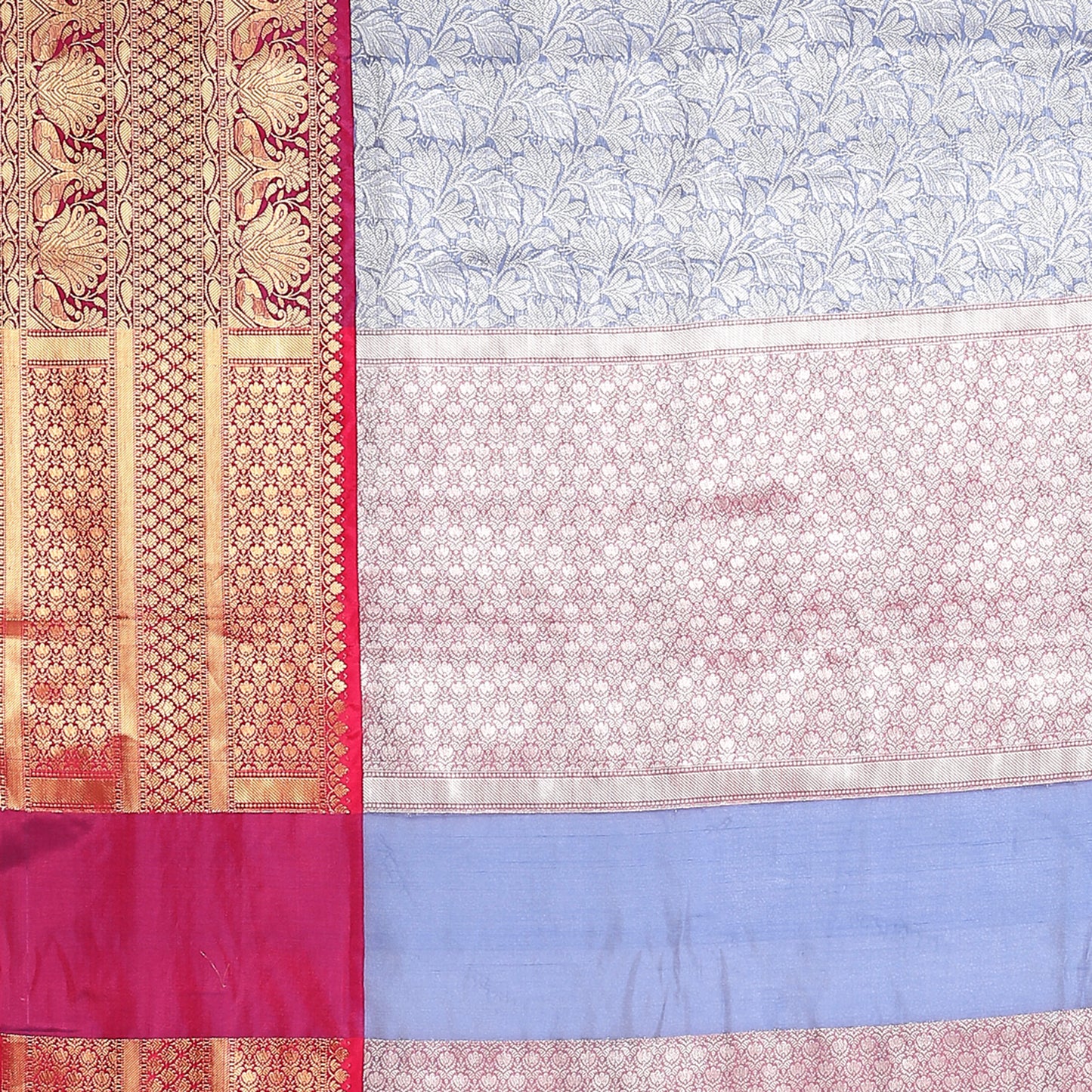 Faishana Presents Presents Blue Kanchi Silk Zari Brocade Contrast Zari Brocade Magenta Pattu Border Banarasi Saree.