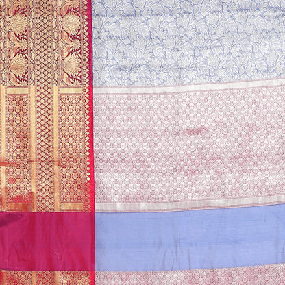 Faishana Presents Presents Blue Kanchi Silk Zari Brocade Contrast Zari Brocade Magenta Pattu Border Banarasi Saree.