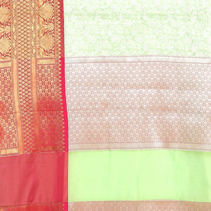 Faishana Presents Presents Green Kanchi Silk Zari Brocade Contrast Zari Brocade Red Pattu Border Banarasi Saree.