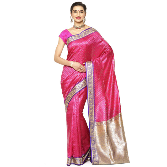 Faishana Presents Pink Satin Silk Stone work Tanchoi Contrast Blue Border Banarasi Saree With Blouse Piece