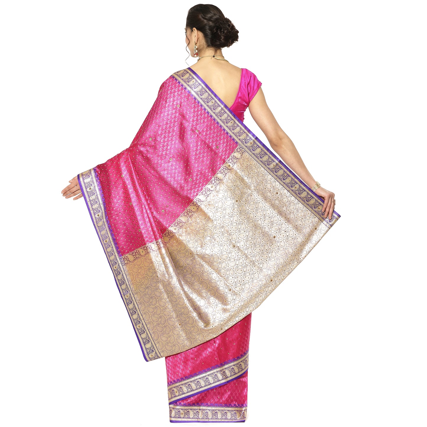 Faishana Presents Pink Satin Silk Stone work Tanchoi Contrast Blue Border Banarasi Saree With Blouse Piece