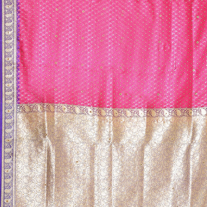 Faishana Presents Pink Satin Silk Stone work Tanchoi Contrast Blue Border Banarasi Saree With Blouse Piece