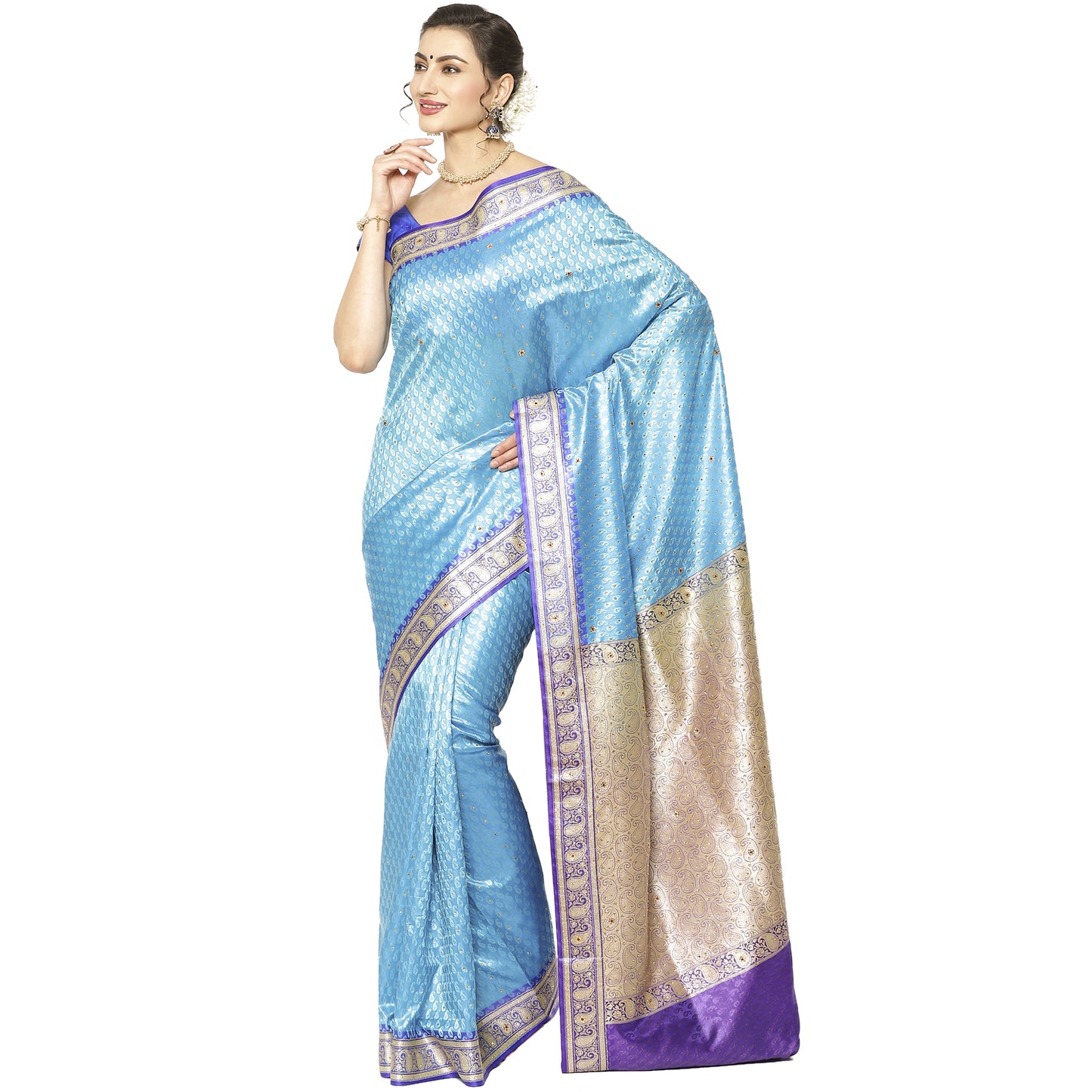 Faishana Presents Blue Satin Silk Stone work Tanchoi Contrast Blue Border Banarasi Saree With Blouse Piece