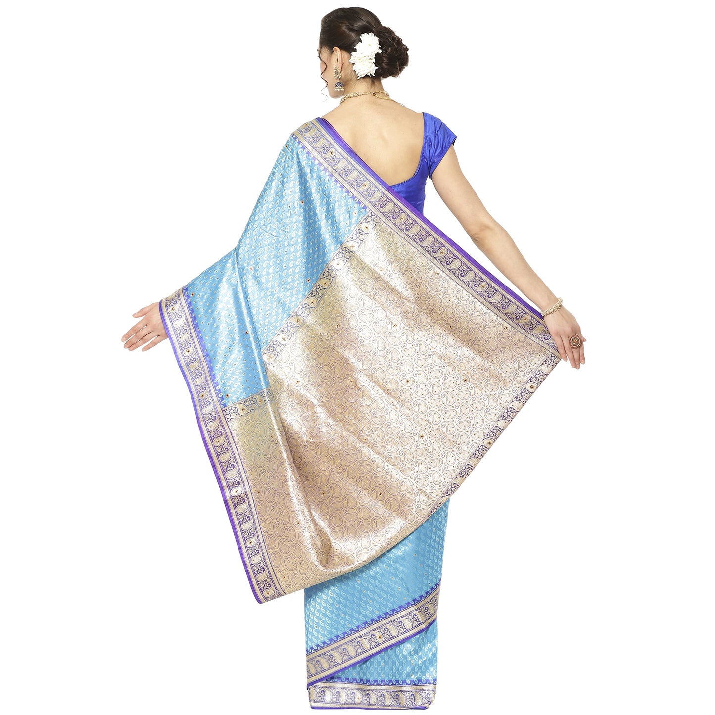 Faishana Presents Blue Satin Silk Stone work Tanchoi Contrast Blue Border Banarasi Saree With Blouse Piece