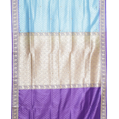Faishana Presents Blue Satin Silk Stone work Tanchoi Contrast Blue Border Banarasi Saree With Blouse Piece