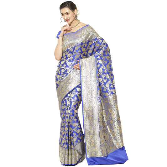 Faishana Presents Blue Mughal Motif Heavy Katan Silk Banarasi Saree With Blouse Piece
