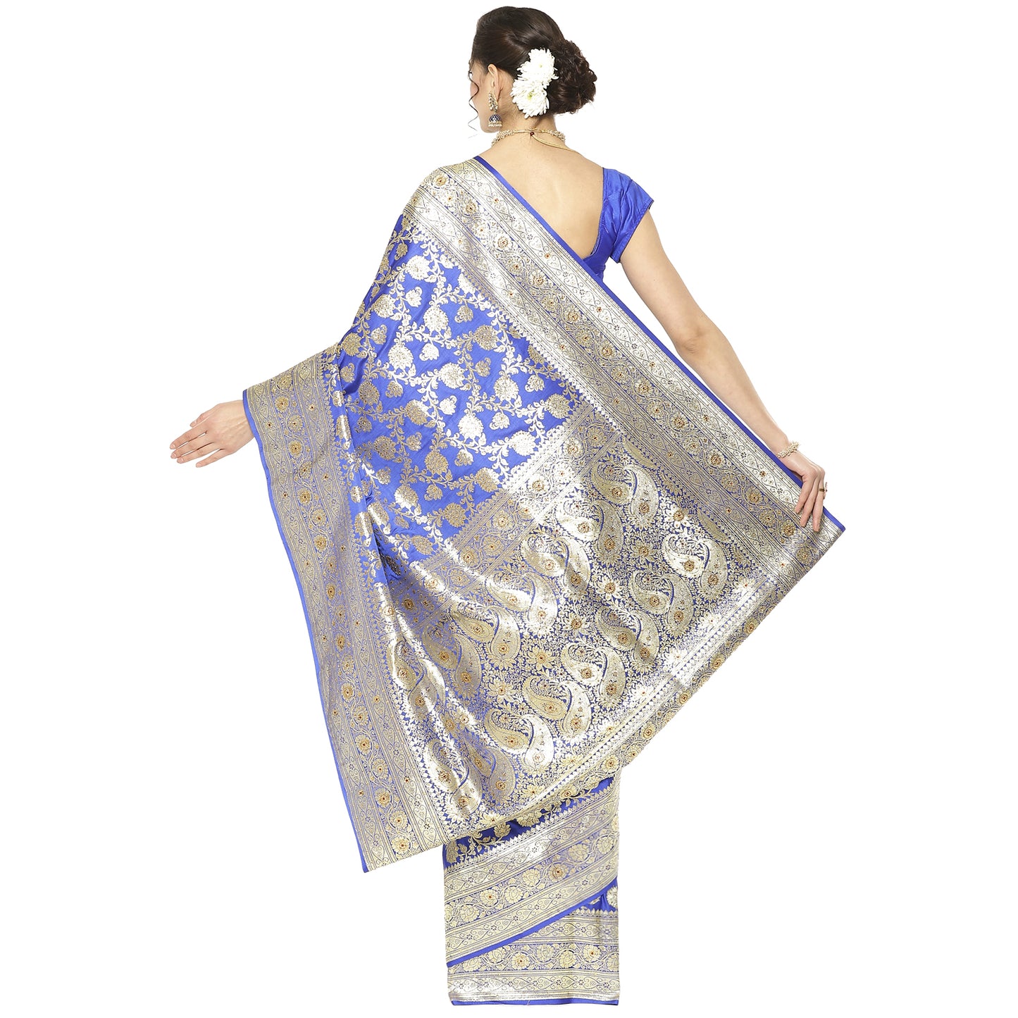 Faishana Presents Blue Mughal Motif Heavy Katan Silk Banarasi Saree With Blouse Piece