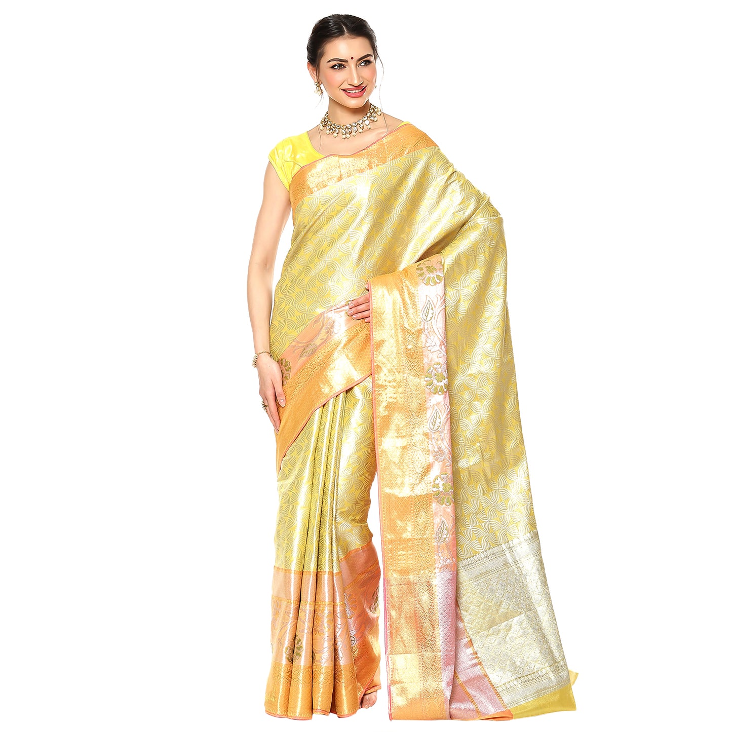 Faishana Gold Kanchi Silk Jamdani Tissue Paithani Banarasi Saree with Beige Blouse Piece