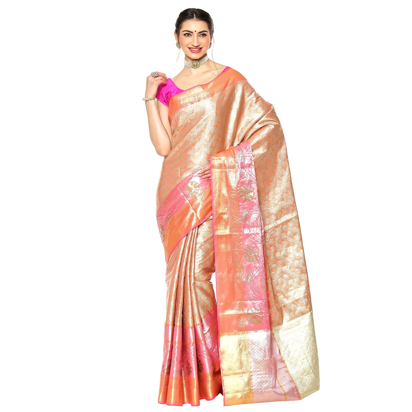 Faishana Peach Kanchi Silk Jamdani Tissue Paithani Banarasi Saree with Peach Blouse
