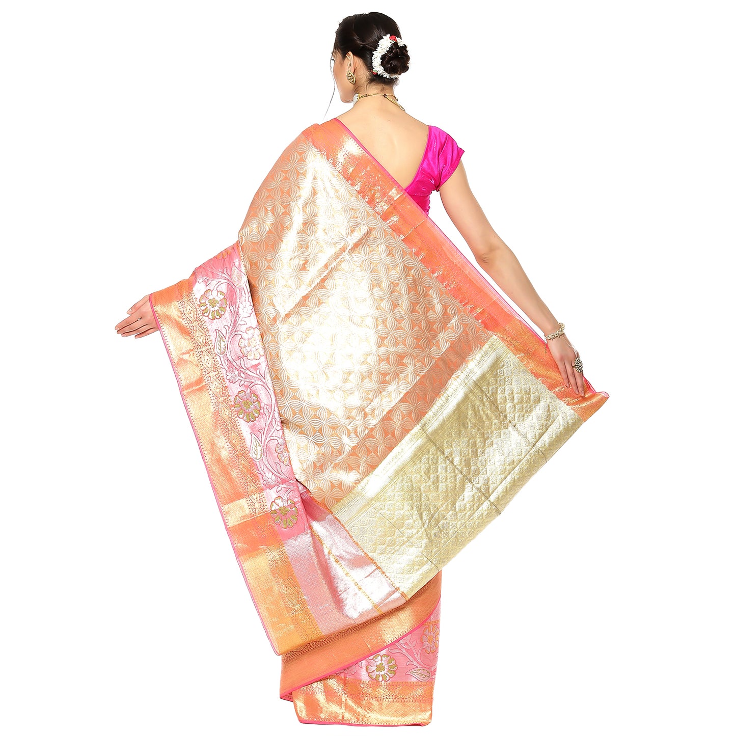Faishana Peach Kanchi Silk Jamdani Tissue Paithani Banarasi Saree with Peach Blouse