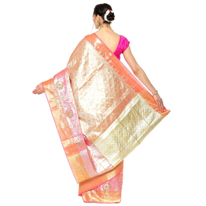 Faishana Peach Kanchi Silk Jamdani Tissue Paithani Banarasi Saree with Peach Blouse