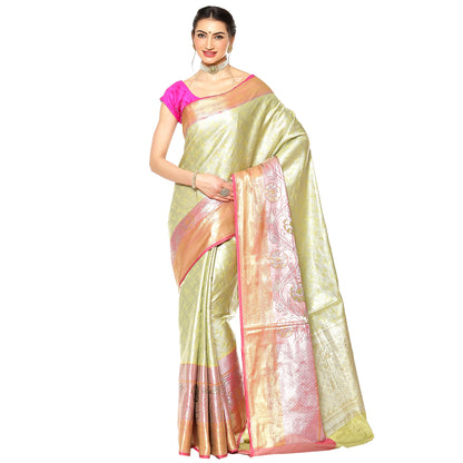 Faishana Lime Green Kanchi Silk Jamdani Tissue Paithani Banarasi Sari With Lime Green Blouse