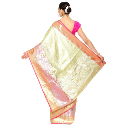 Faishana Lime Green Kanchi Silk Jamdani Tissue Paithani Banarasi Sari With Lime Green Blouse