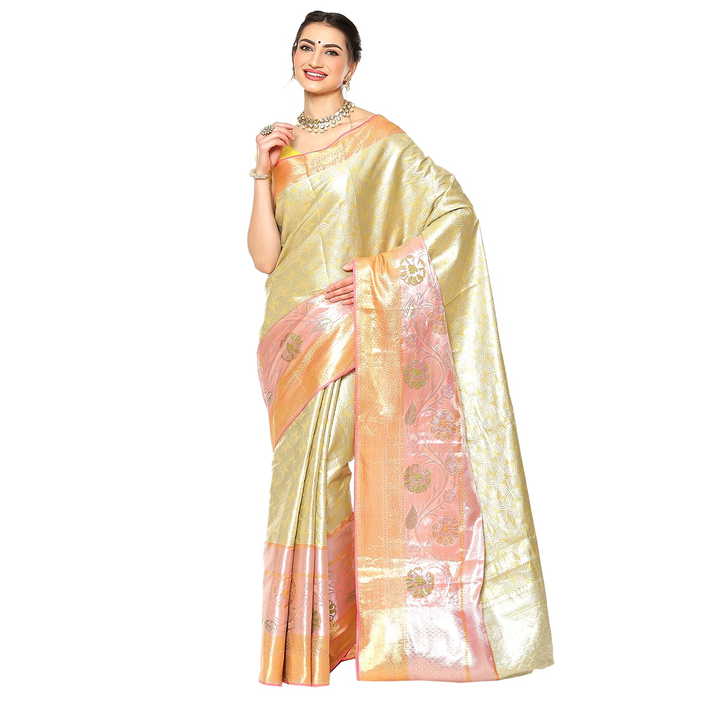 Faishana Gold Kanchi Silk Jamdani Tissue Paithani Banarasi Saree with Gold Blouse