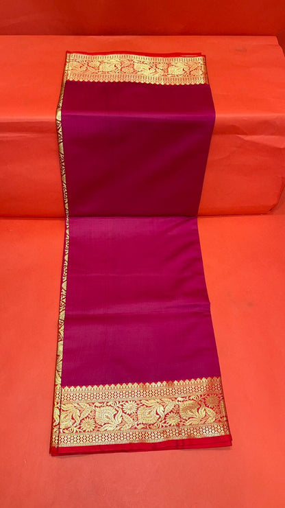 Faishana Presents Magenta Katan Silk Plain Zari Anchal With Contrast Red Zari Border Banarasi Saree