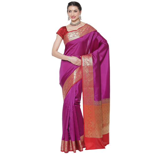 Faishana Presents Magenta Katan Silk Plain Zari Anchal With Contrast Red Zari Border Banarasi Saree