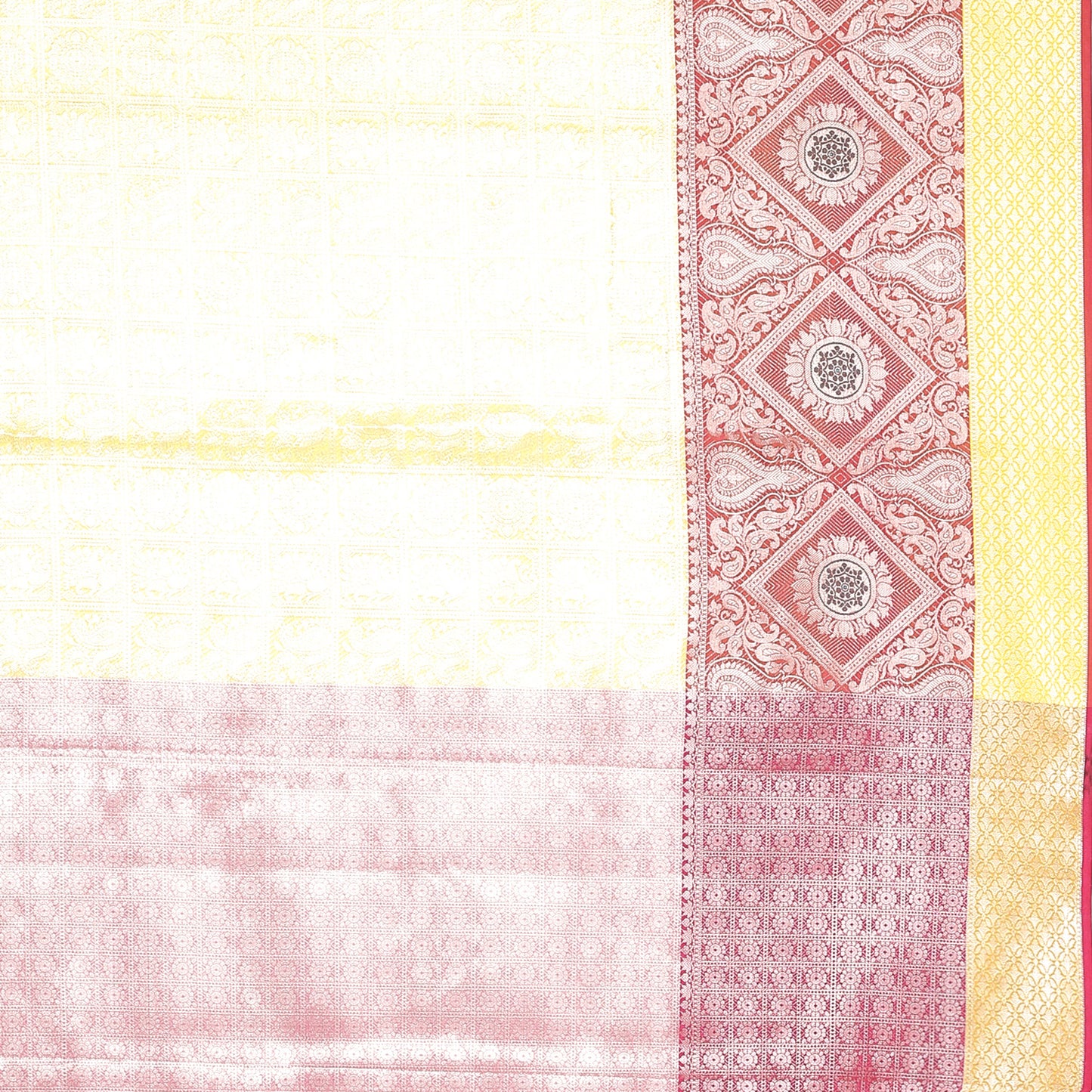 Faishana Presents Gold Silver Zari Kanchi Silk Tanchoi Brocade Contrast Red Skirt Meena Border Banarasi Saree
