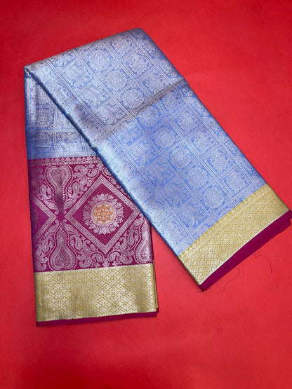 Faishana Presents Blue Silver Zari Kanchi Silk Tanchoi Brocade Contrast Pink Skirt Meena Border Banarasi Saree
