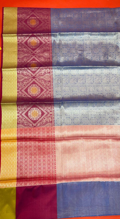 Faishana Presents Blue Silver Zari Kanchi Silk Tanchoi Brocade Contrast Pink Skirt Meena Border Banarasi Saree