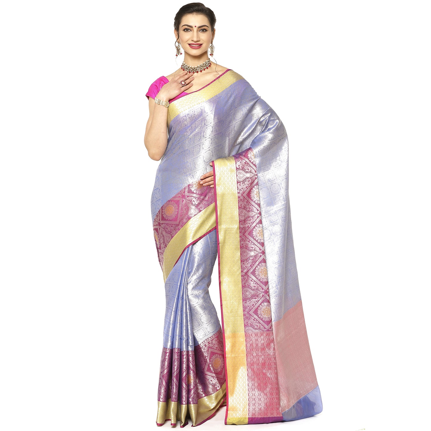 Faishana Presents Blue Silver Zari Kanchi Silk Tanchoi Brocade Contrast Pink Skirt Meena Border Banarasi Saree