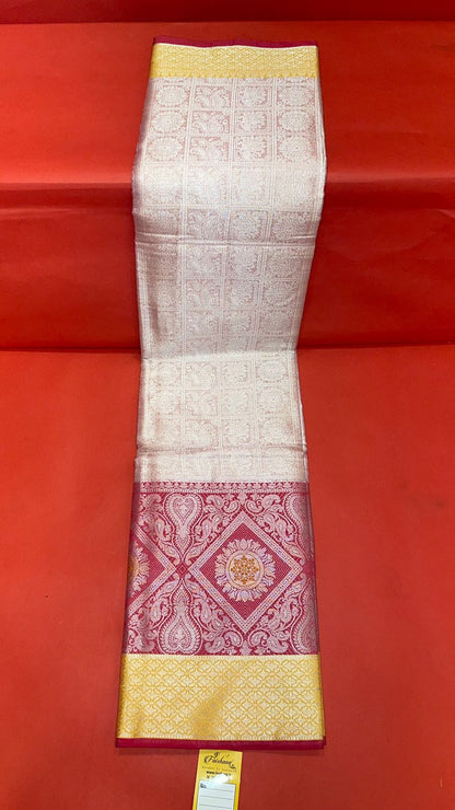 Faishana Presents Pink Silver Zari Kanchi Silk Tanchoi Brocade Contrast Pink & Yellow Skirt Meena Border Banarasi Saree