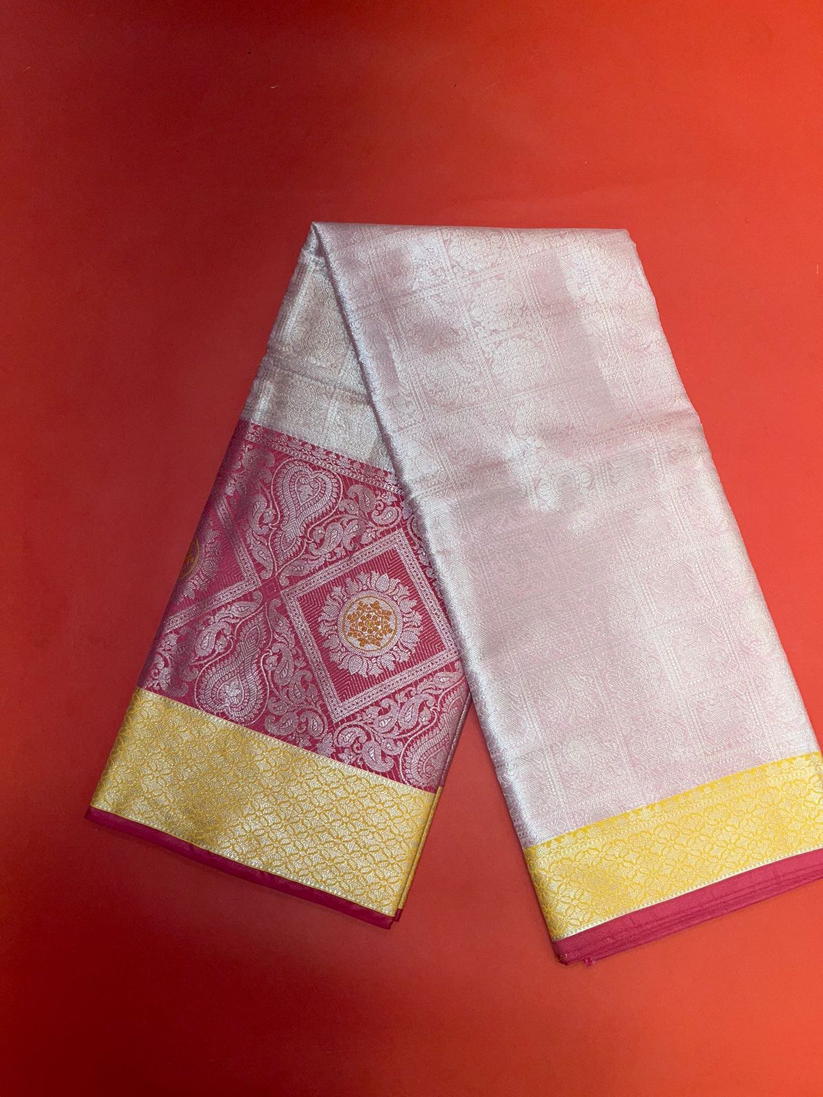 Faishana Presents Pink Silver Zari Kanchi Silk Tanchoi Brocade Contrast Pink & Yellow Skirt Meena Border Banarasi Saree