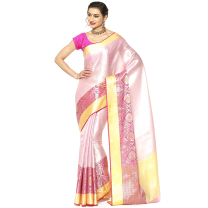 Faishana Presents Pink Silver Zari Kanchi Silk Tanchoi Brocade Contrast Pink & Yellow Skirt Meena Border Banarasi Saree