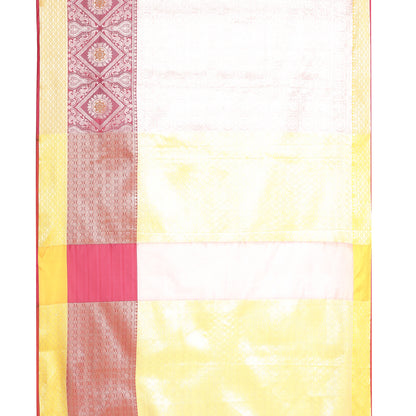 Faishana Presents Pink Silver Zari Kanchi Silk Tanchoi Brocade Contrast Pink & Yellow Skirt Meena Border Banarasi Saree