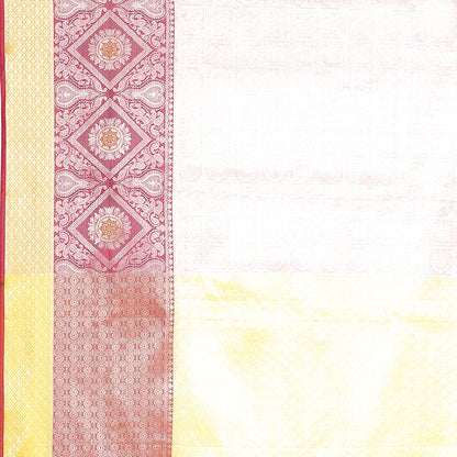 Faishana Presents Pink Silver Zari Kanchi Silk Tanchoi Brocade Contrast Pink & Yellow Skirt Meena Border Banarasi Saree