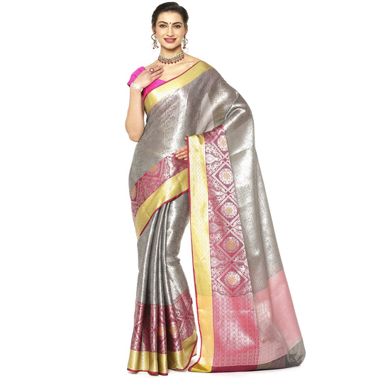 Faishana Presents Grey Silver Zari Kanchi Silk Tanchoi Brocade Contrast Pink Skirt Meena Border Banarasi Saree