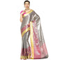 Faishana Presents Grey Silver Zari Kanchi Silk Tanchoi Brocade Contrast Pink Skirt Meena Border Banarasi Saree