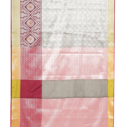 Faishana Presents Grey Silver Zari Kanchi Silk Tanchoi Brocade Contrast Pink Skirt Meena Border Banarasi Saree