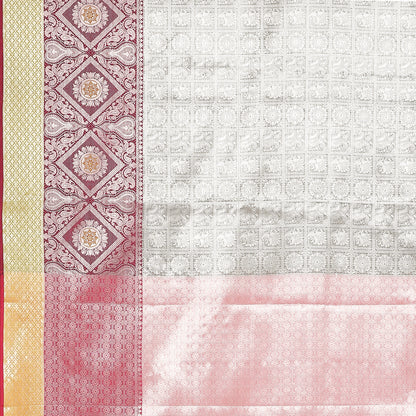 Faishana Presents Grey Silver Zari Kanchi Silk Tanchoi Brocade Contrast Pink Skirt Meena Border Banarasi Saree