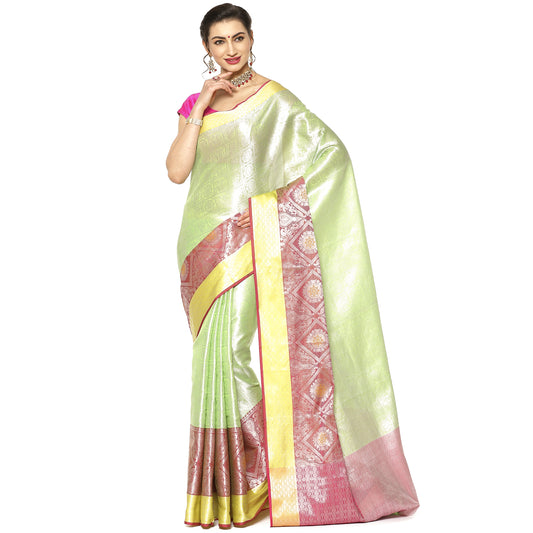 Faishana Presents Green Silver Zari Kanchi Silk Tanchoi Brocade Contrast Pink & Yellow Skirt Meena Border Banarasi Saree