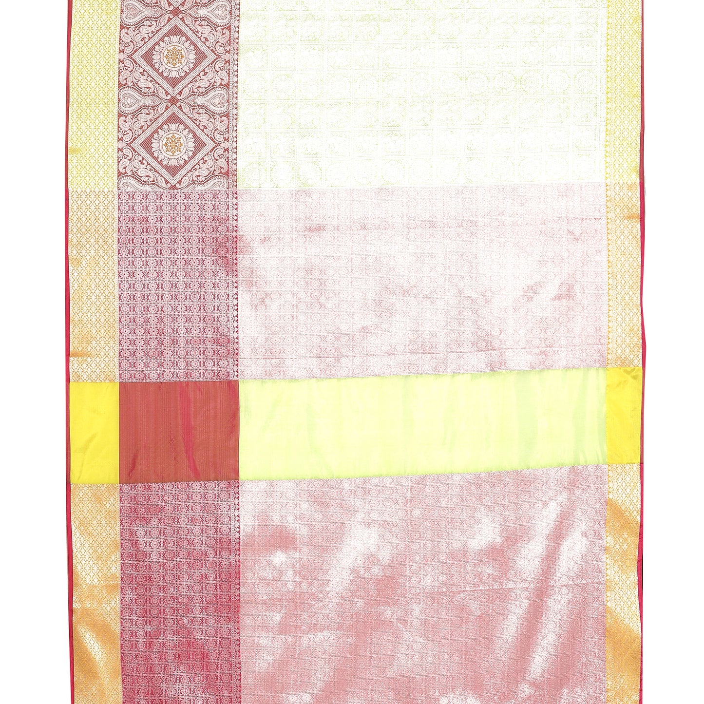 Faishana Presents Green Silver Zari Kanchi Silk Tanchoi Brocade Contrast Pink & Yellow Skirt Meena Border Banarasi Saree