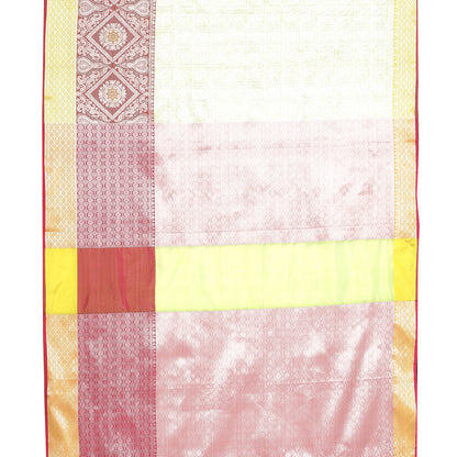Faishana Presents Green Silver Zari Kanchi Silk Tanchoi Brocade Contrast Pink & Yellow Skirt Meena Border Banarasi Saree