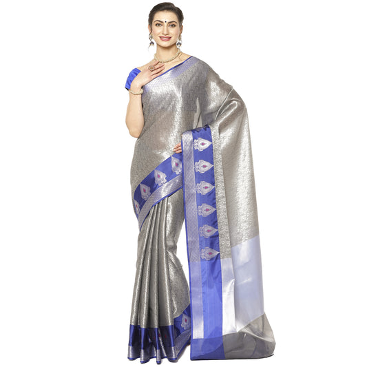 Faishana Presents Grey Silver Zari Kanchi Silk Tanchoi Brocade Contrast Blue Skirt Meena Border Banarasi Saree
