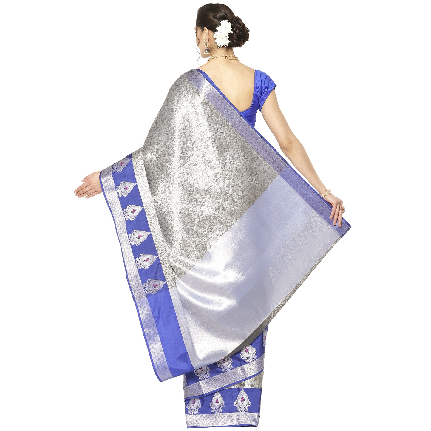 Faishana Presents Grey Silver Zari Kanchi Silk Tanchoi Brocade Contrast Blue Skirt Meena Border Banarasi Saree