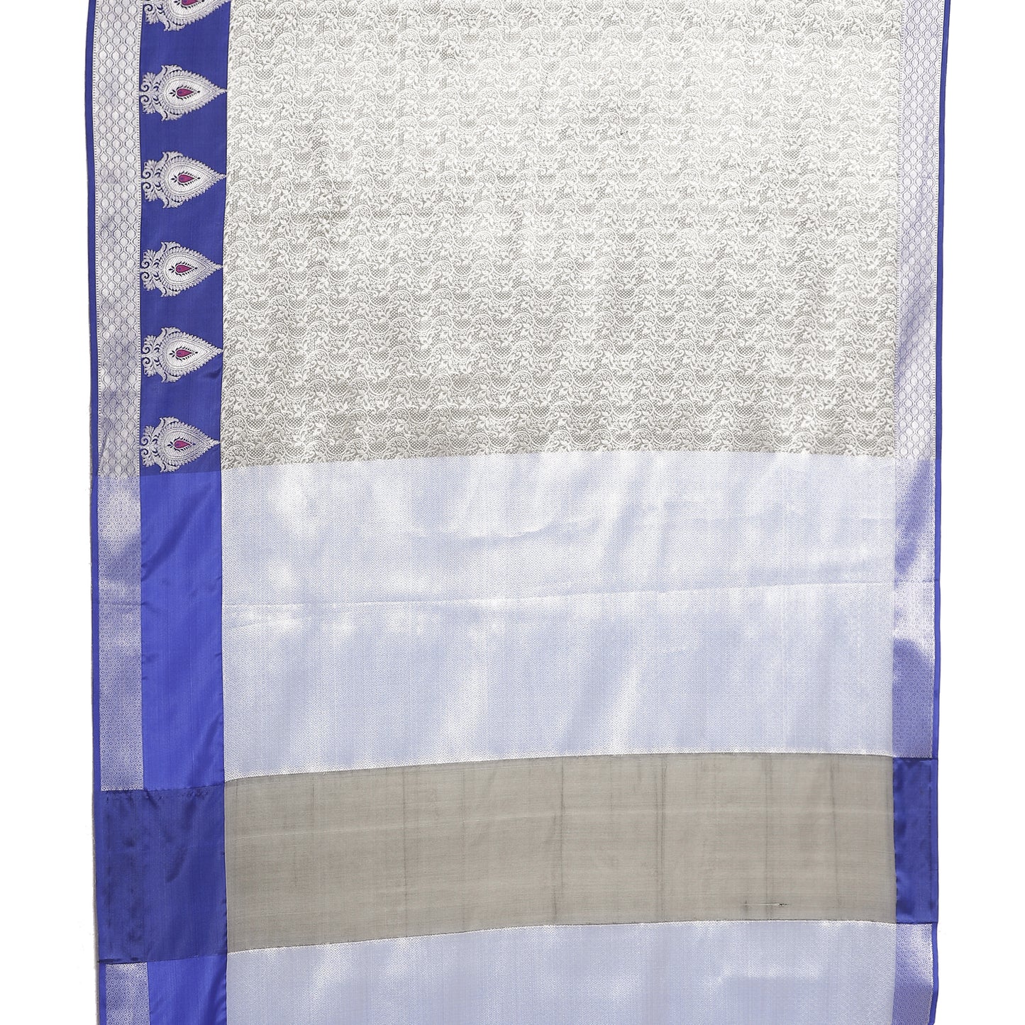 Faishana Presents Grey Silver Zari Kanchi Silk Tanchoi Brocade Contrast Blue Skirt Meena Border Banarasi Saree