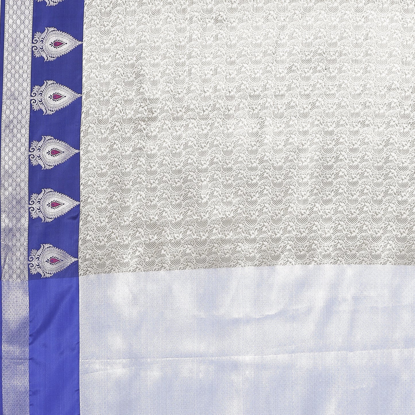 Faishana Presents Grey Silver Zari Kanchi Silk Tanchoi Brocade Contrast Blue Skirt Meena Border Banarasi Saree