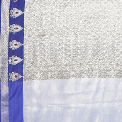 Faishana Presents Grey Silver Zari Kanchi Silk Tanchoi Brocade Contrast Blue Skirt Meena Border Banarasi Saree