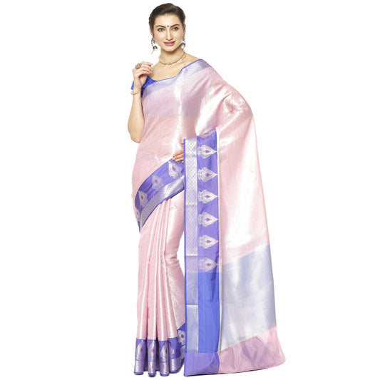 Faishana Presents Pink Silver Zari Kanchi Silk Tanchoi Brocade Contrast Blue Skirt Meena Border Banarasi Saree