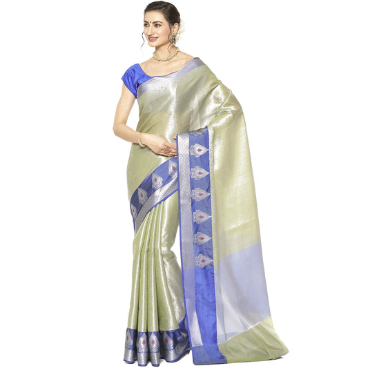 Faishana Presents Green Silver Zari Kanchi Silk Tanchoi Brocade Contrast Blue Skirt Meena Border Banarasi Saree