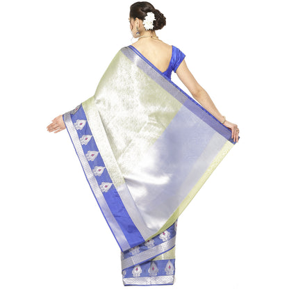 Faishana Presents Green Silver Zari Kanchi Silk Tanchoi Brocade Contrast Blue Skirt Meena Border Banarasi Saree