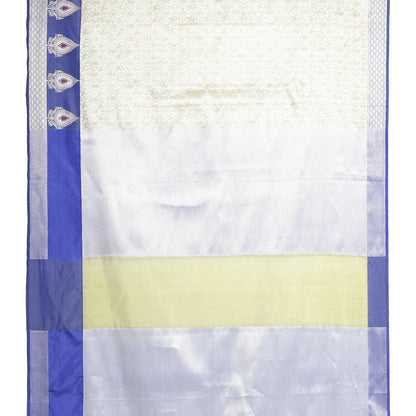 Faishana Presents Green Silver Zari Kanchi Silk Tanchoi Brocade Contrast Blue Skirt Meena Border Banarasi Saree